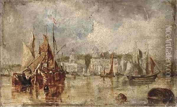 Barges and other shipping lying on the Thames at Greenwich Oil Painting - John Locker