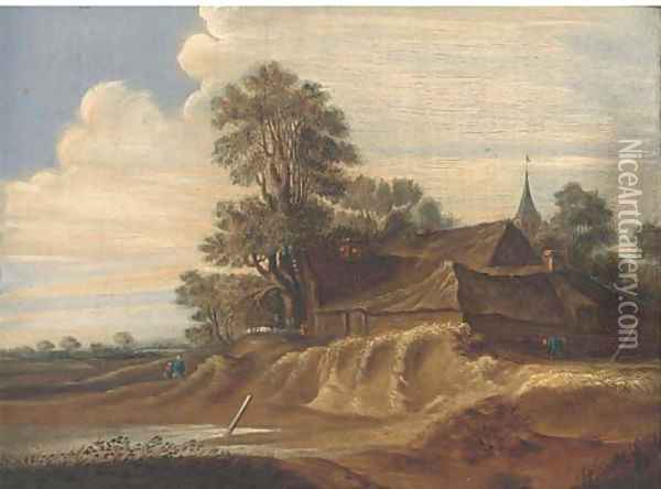 A landscape with a farm and farmhands; and A riverside town with fishermen in a boat and a windmill beyond Oil Painting - Pieter Molijn