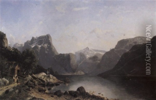 Mann Med Fluestang Ved Fjellvann Oil Painting - Johannes Bartholomaeus Duntze