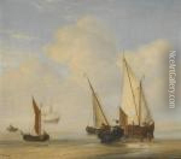 A Smalschip With Sail Set 
At Anchor Close To The Shore And A Boeier Laid Ashore Oil Painting - Willem van de, the Elder Velde