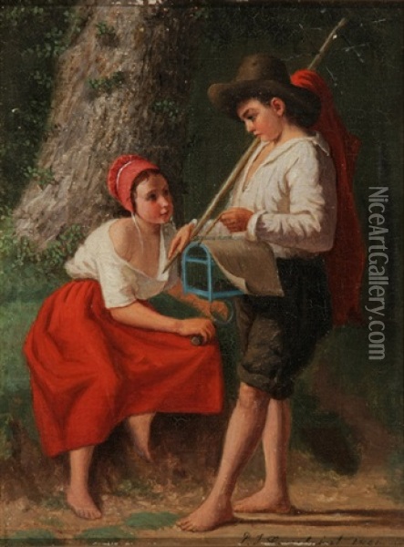 Catching Crickets (waking The Boy; Pair) Oil Painting - Pierre Joseph Toussaint