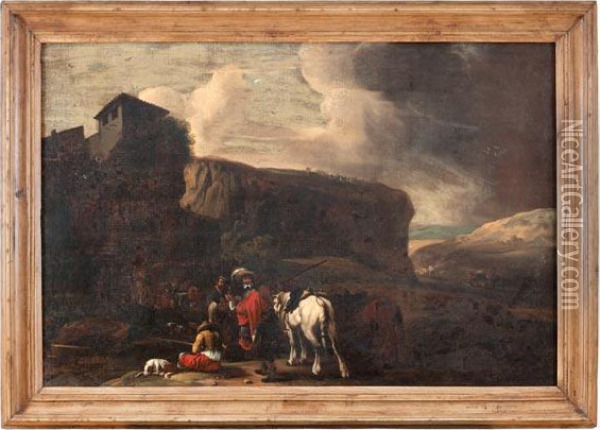 Paesaggio Roccioso Con Sosta Di Cavalieri Oil Painting - Karel Dujardin