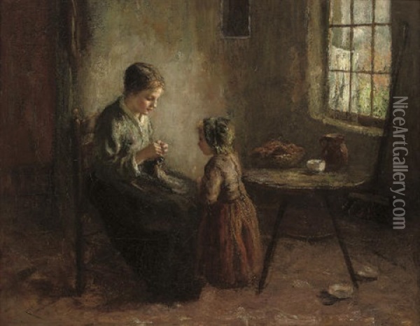 The Knitting Lesson Oil Painting - Bernard de Hoog