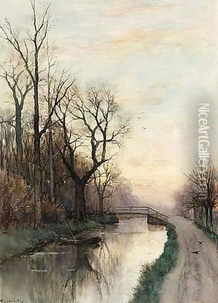 A Polder Landscape At Dusk Oil Painting - Fredericus Jacobus Van Rossum Chattel