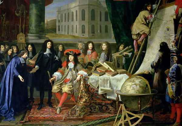 Jean-Baptiste Colbert 1619-83 Presenting the Members of the Royal Academy of Science to Louis XIV 1638-1715 c.1667 Oil Painting - Henri Testelin