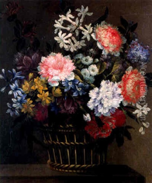 Corbeille De Fleurs Sur Un Entablement Oil Painting - Jean-Baptiste Belin de Fontenay the Elder