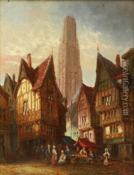 Figures In A Market Place With A Cathedral In The Distance; And Companion 2 Oil Painting - Henry Schafer