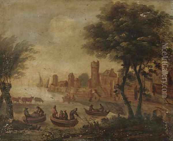 A riverside town with anglers in boats Oil Painting - Dirck Verhaert