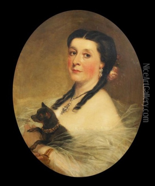 Portrait Of Amelia Duff Holding A Chihuahua Oil Painting - Richard Buckner