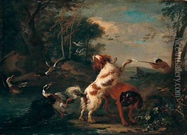River Landscape With A Huntsman Shooting Duck, Spaniels And Other Dogs In The Foreground Oil Painting - Adriaen de Gryef