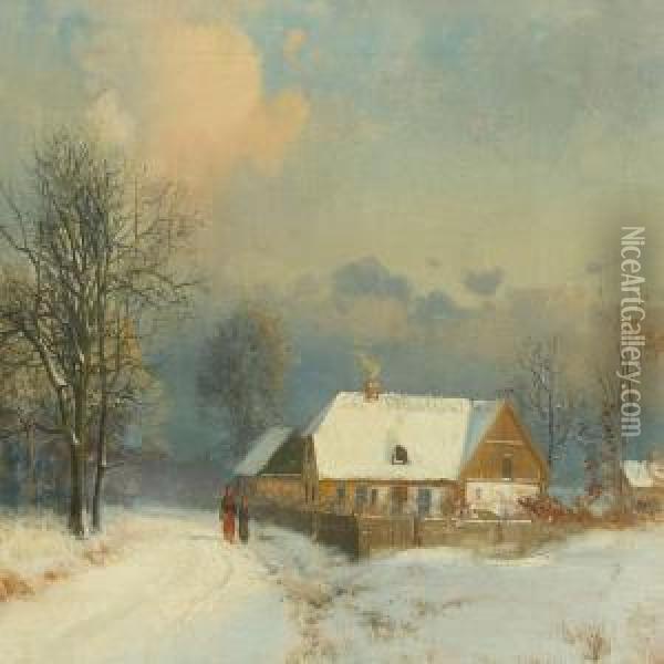 Winterlandscape With Walking Persons Oil Painting - Nordahl Peter Frederik Grove