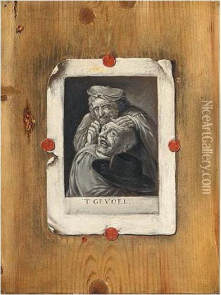 A Trompe L'oeil Of A 't Gevoel Print Set On A Panel Oil Painting - Edwart Collier