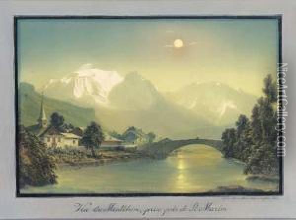 Vue Nocturne Du Pont Saint-martin, Le Mont-blanc Au Fond Oil Painting - Ludwig Bleuler