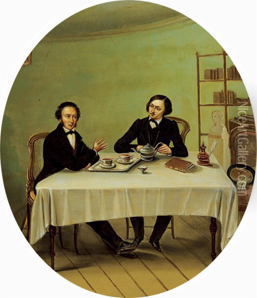 Pushkin And Gogol Oil Painting - Nikolai Alekseev