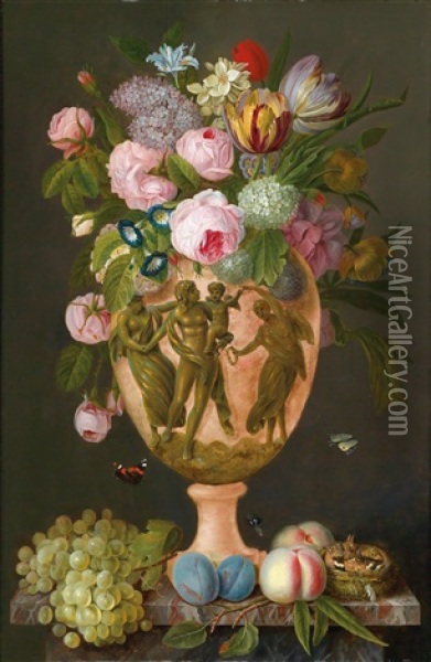 Ein Blumenbouquet Mit Fruchten, Insekten Und Einem Vogelnest Oil Painting - Michel Joseph Speeckaert