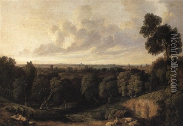 Shepherd And Sheep With Distant View Of Bury St. Edmunds Oil Painting - Henry Ladbrooke