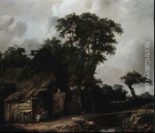 A Farmhouse By A Stream With A Peasant Feeding A Pig Oil Painting - Cornelis Gerritsz Decker