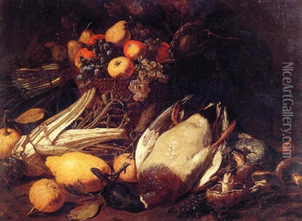 Still Of Fruit In A Basket, Asparagus, Mushrooms, A Cardoon And Fowl Oil Painting - Tommaso Salini