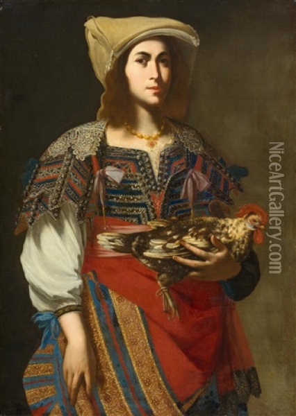 Portrait Of A Lady In Traditional Neapolitan Costume Oil Painting - Massimo Stanzione