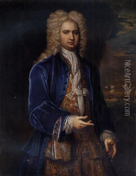 Portrait Of Captain Hercules Baker In A Blue Velvet Coat, A Gold And Silver Embroidered Waistcoat And Lace Cravat, An English Man-o'-war Ship In A Swell Beyond Oil Painting - Alexis-Simon Belle