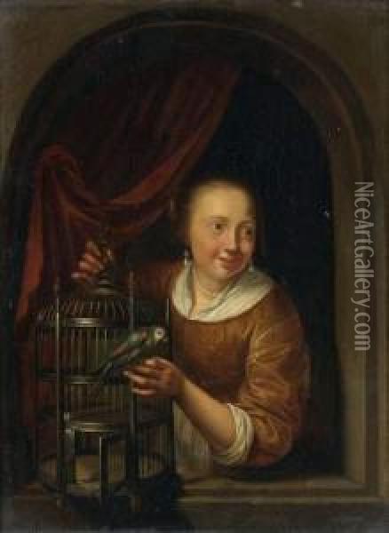 Jeune Fille A La Perruche, Dans Une Fenetre Cintree Oil Painting - Pieter Cornelisz. van SLINGELANDT
