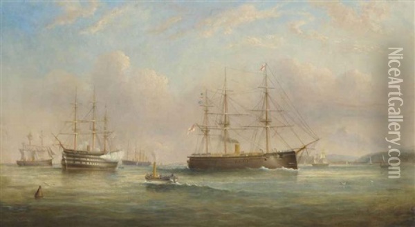 Royal Navy Ships Of The Duke Of Wellington Class Lying At Anchor At Spithead, With One Firing A Salute To Acknowledge The Departure Of An Admiral... Oil Painting - Tommaso de Simone