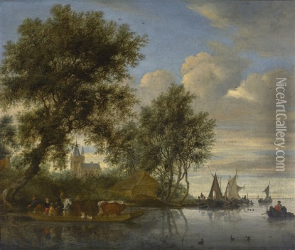 River Landscape With Animals And Figures In A Ferry, A Church Tower And Sailing Boats Beyond Oil Painting - Salomon van Ruysdael