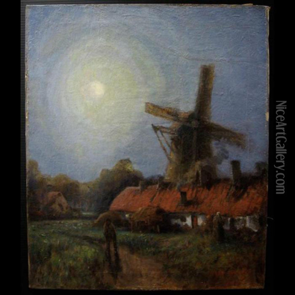 Figures By Windmill Under Moonlight Oil Painting - Georges Chavignaud