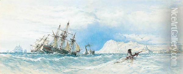 A Merchant Ship Towed By A Paddle Steam Tug Off Illfracombe, Devonshire Oil Painting - John Callow