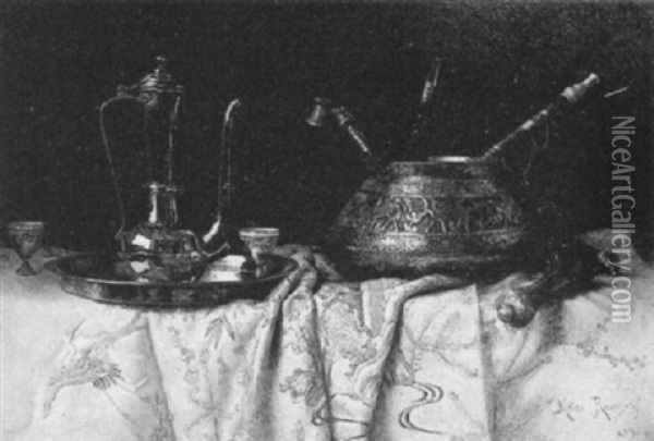 Still Life With Hash Pipes In A Bronze Tazza And Turkish    Coffepot Oil Painting - Milne Ramsey