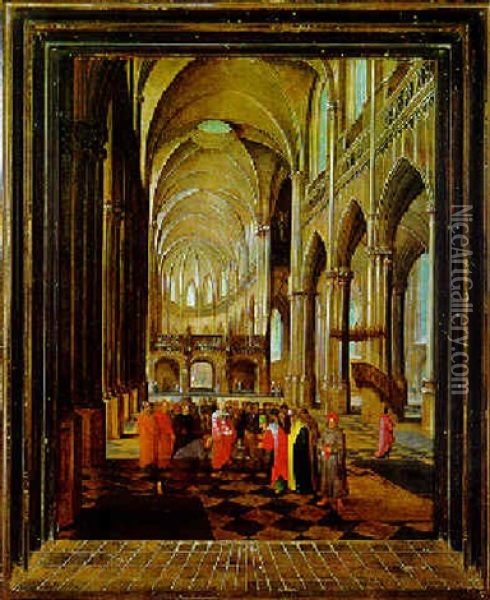 Inneres Einer Gotischen Kirche Mit Christus Und Der Ehebrecherin Oil Painting - Paul Juvenel the Elder
