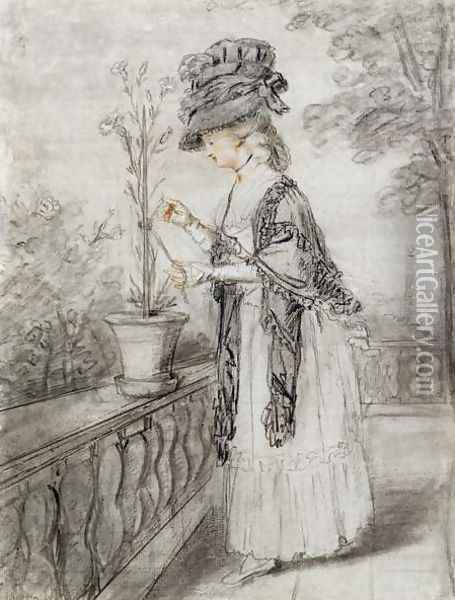 Lady on a Terrace Tending a Carnation Plant Oil Painting - John Raphael Smith