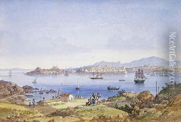 Corfu from the Island of Vido, c.1845 Oil Painting - Joseph Schranz
