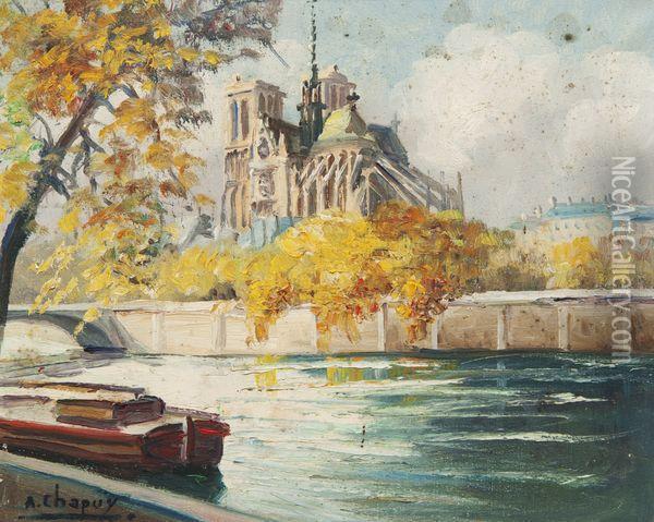 Notre Dame De Paris, Square De L'archeveche. Oil Painting - Andre Chapuy