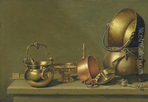 Copper And Brass Crockery With Other Utensils On A Ledge Oil Painting - Floris Gerritsz. van Schooten
