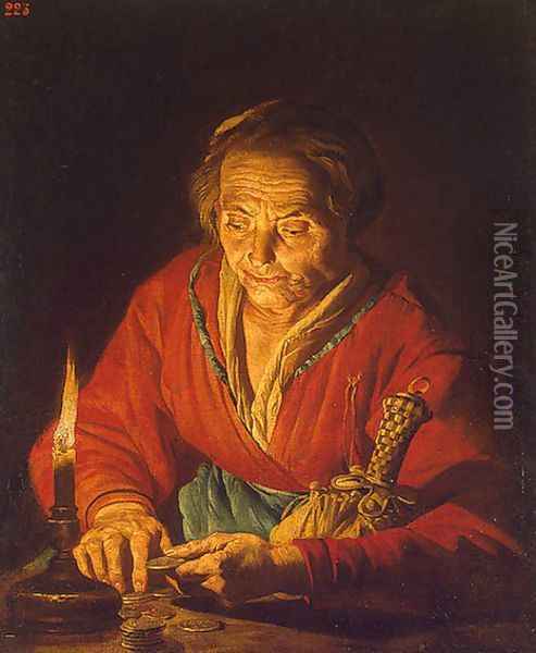 Old Woman with a Candle 1640-1650 Oil Painting - Matthias Stomer