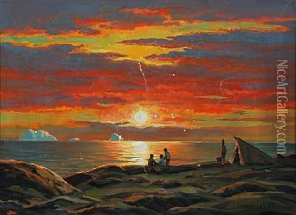 Midnatssol. Upernaviks Skaergaard Oil Painting - Emanuel A. Petersen