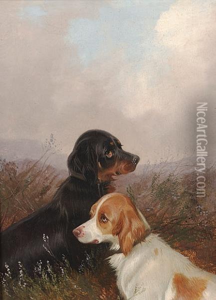 Gun Dogs Resting By A Fence; Gun Dogs On A Moor Oil Painting - Colin Graeme Roe