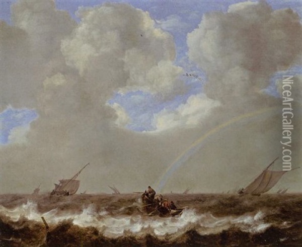 A Seascape With Fishermen In A Rowboat And Other Sailing Vessels In A Choppy Sea, A Rainbow On The Horizon Oil Painting - Jan Porcellis