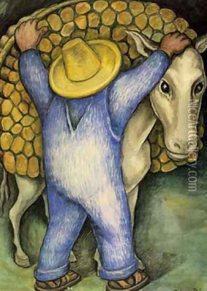 Man Loading Donkey with Firewood, 1938 Oil Painting - Diego Rivera