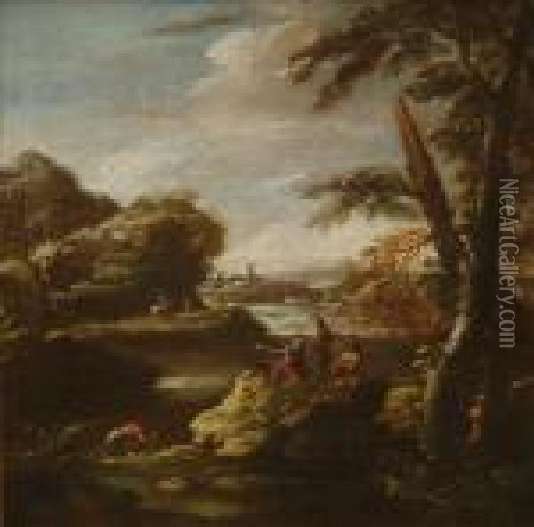 A Wooded Riverlandscape With Soldiers In The Foreground, A Castle Beyond Oil Painting - Salvator Rosa
