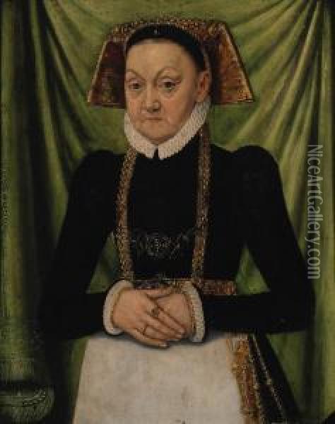 Portrait Of A Lady, 
Three-quarter-length, In A Black And Whitedress And A Gold Embroidered 
Headdress Oil Painting - Ludger Tom Ii Ring