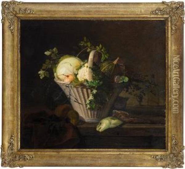 Stilleben Med Gronnsakskurv Og Fisk 1842 Oil Painting - Frants Diderik Boe