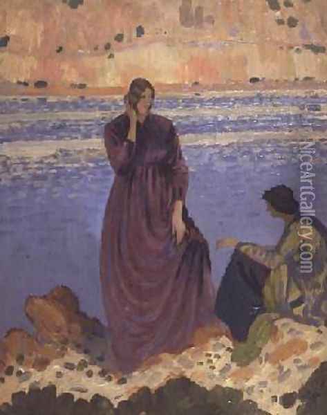 Two Girls by the Shore Oil Painting - Derwent Lees