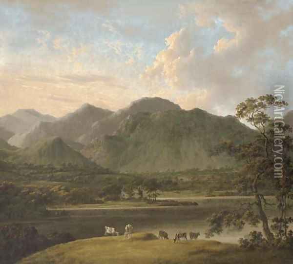 View of Coniston and Weatherlam, with cattle in the foreground, and Coniston Old Hall beyond Oil Painting - John Rathbone