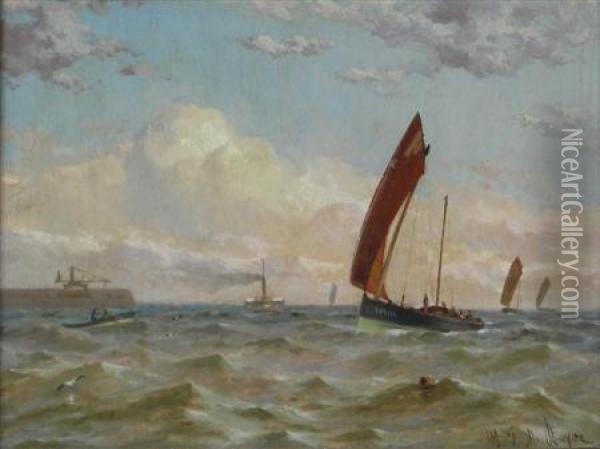 Fishing Boats Off The Port Of Leith Oil Painting - W J M Buyer