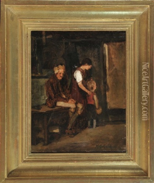 Sitzender Alter Mann Und Zwei Kinder In Der Stube Oil Painting - Hugo Oehmichen