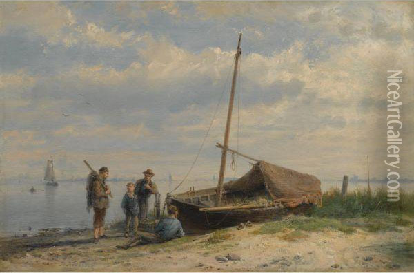 Fisherfolk By An Estuary Oil Painting - Hermanus Koekkoek