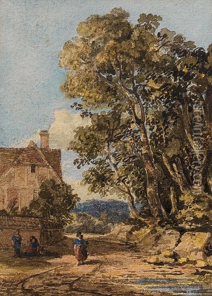 Figures On A Country Lane Oil Painting - John Varley