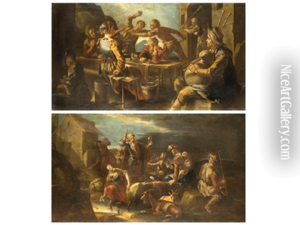 Rauferei In Einer Taverne Und Wandernde Musikantenfamilie Bei Der Rast (diptych) Oil Painting - Giacomo Francesco Cipper